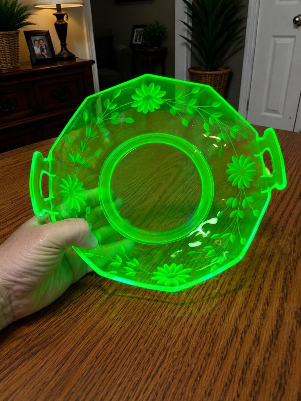 VTG Imperial Glass Green Depression Glass "Molly" Octagon Bowl Floral Etched 10"